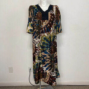 Phases Crochet Button V-Neck Half Sleeves Cover Up Pullover Caftan Dress Size XL